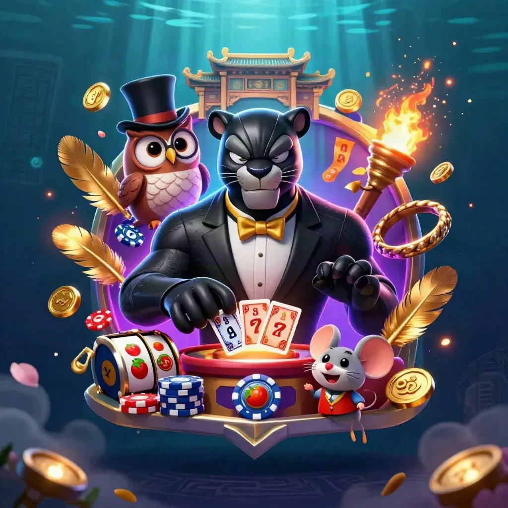Panther dealer with owl and mouse in neon casino sci-fi glow, packed with symbols and relics