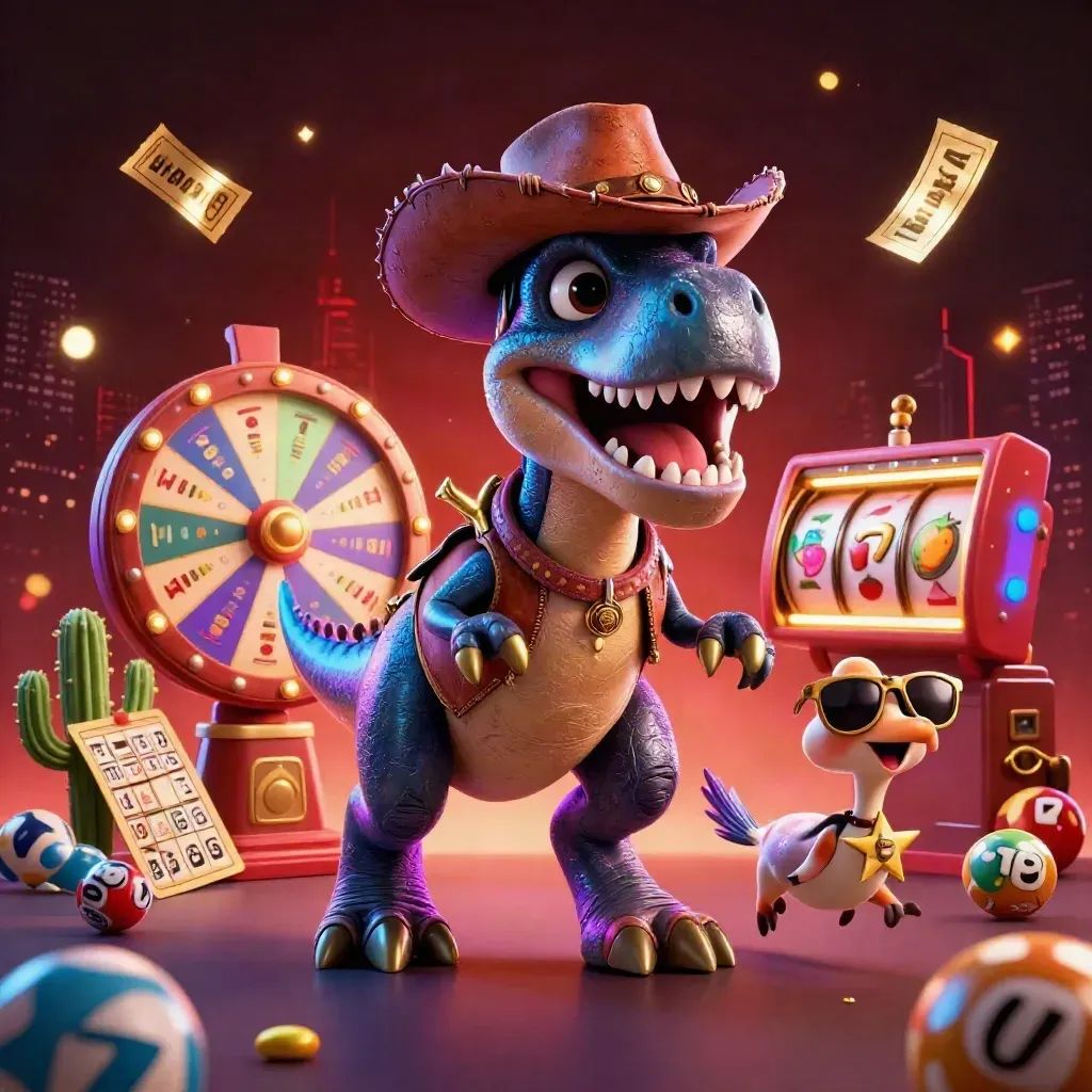 Cowboy T-Rex, cactus sidekick, and sheriff roadrunner amid casino reels, neon sparks, and jackpot glow