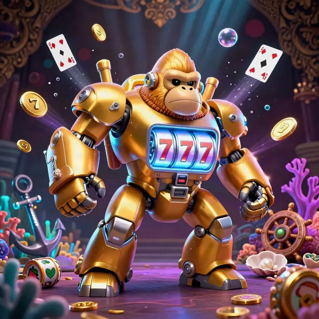 Golden gorilla mech with monkey pilot amid treasure cove, coins, reels, and neon casino glow.