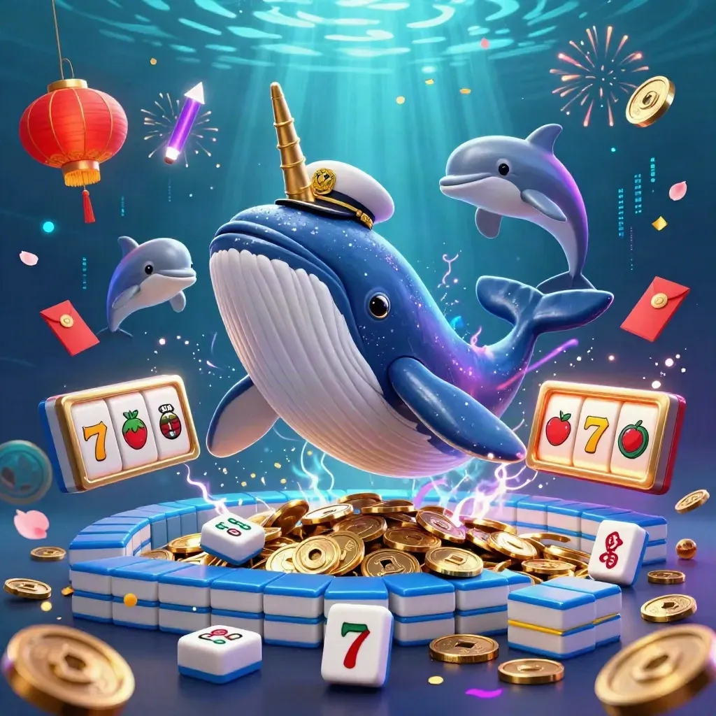 Captain whale, narwhal, dolphins, coins, lanterns, neon casino rewards underwater