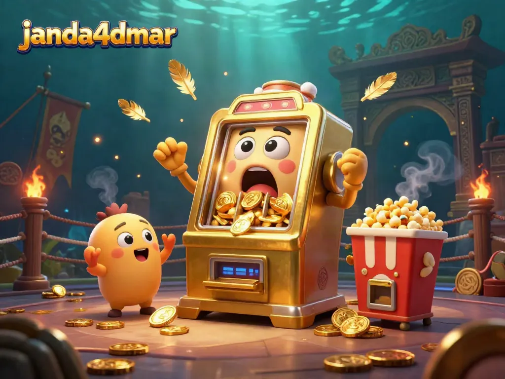 Slot mesin emas kejutan dari janda4dmar menampilkan banyak koin berjatuhan dan mesin bayi bersorak.
