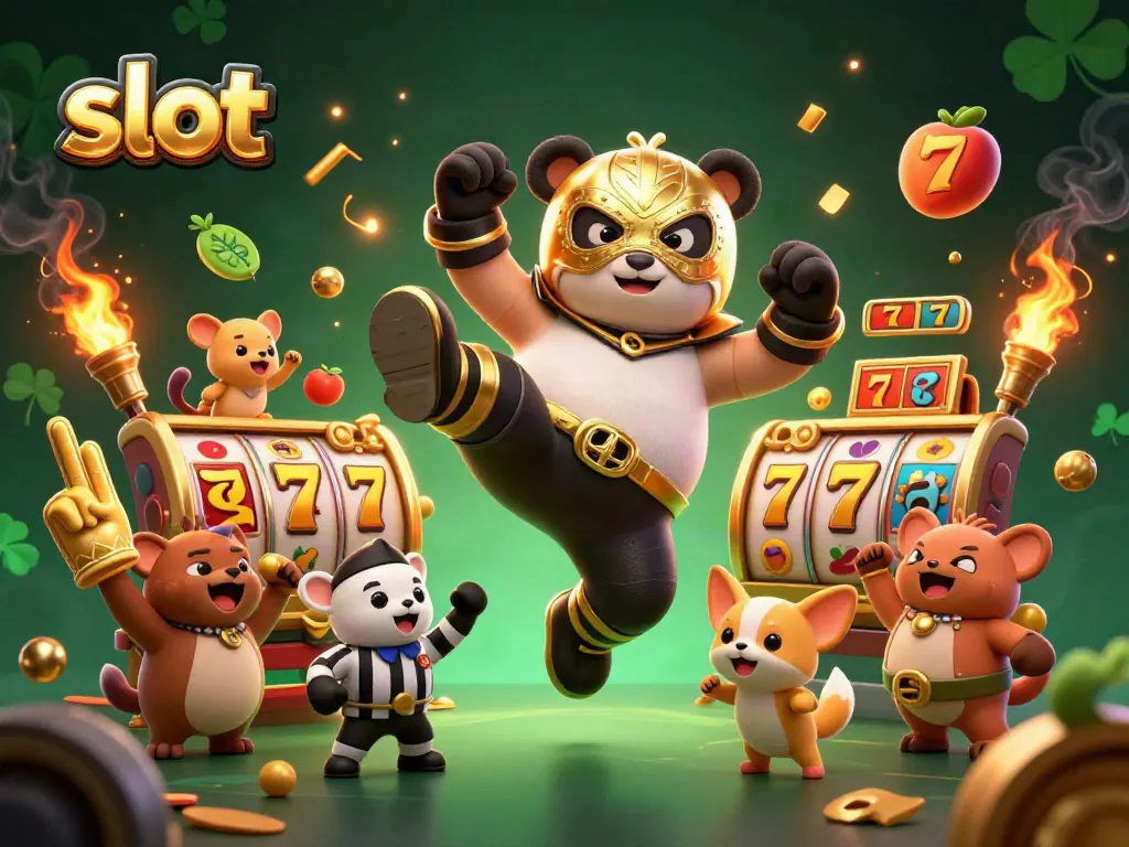 Experience thrilling slot action with a cartoon panda wrestler amidst a lively casino scene.