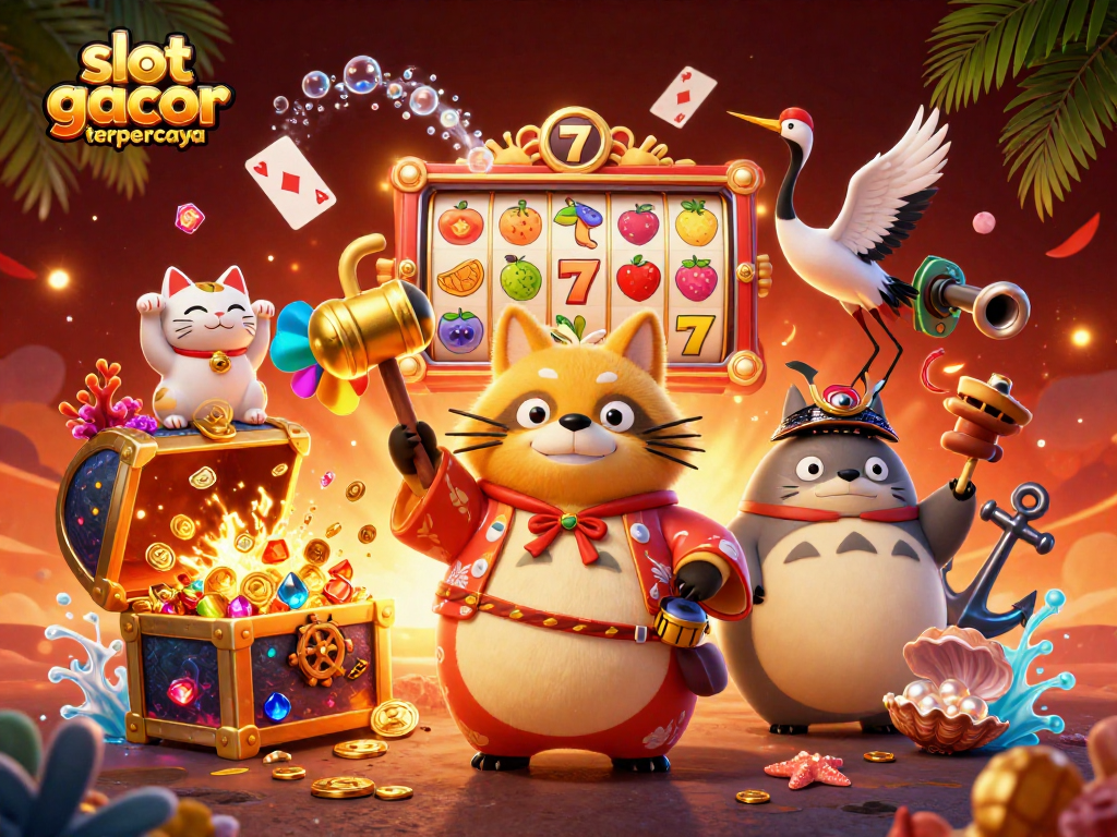 Engage with slot gacor terpercaya in this dynamic 3D illustration of a tanuki and lucky symbols!