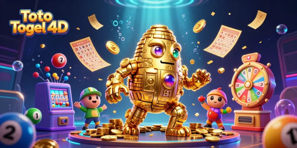 Engage with Toto Togel 4D, highlighting a vibrant scene of lottery balls, golden prizes, and a magical golem.