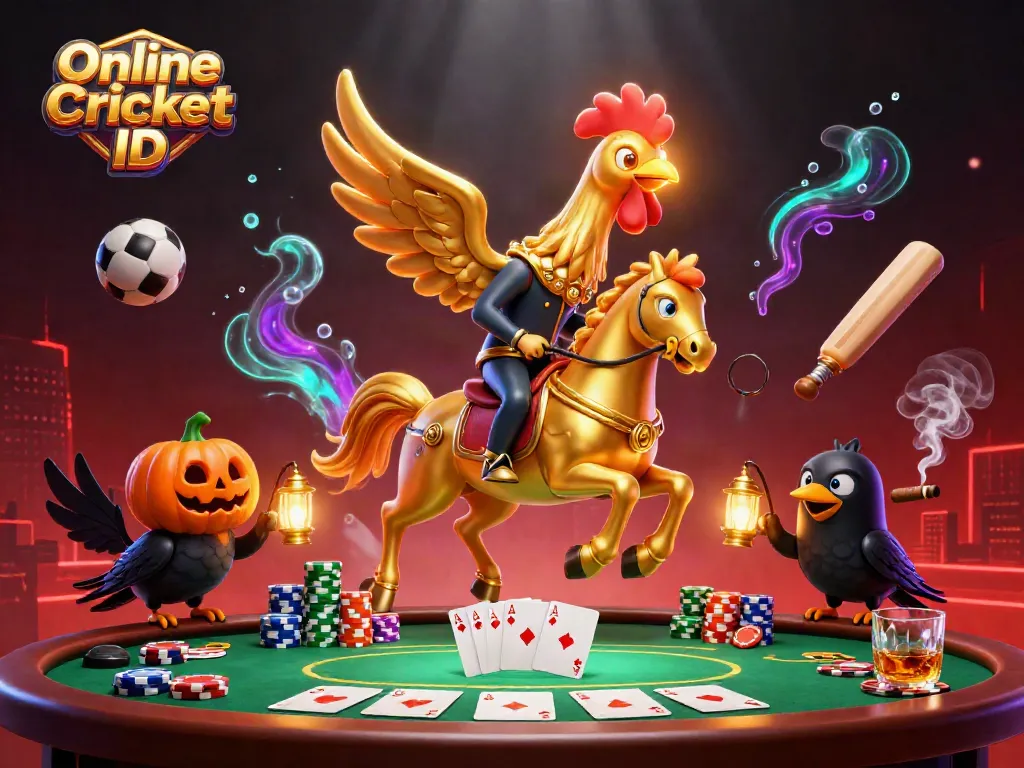 Engage in thrilling betting with an Online Cricket ID featuring golden rooster characters in a casino.