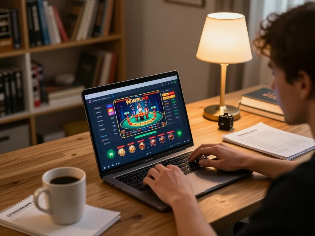 Player engaging in online betting on 98winlive, focused on strategic gameplay at a cozy home setup
