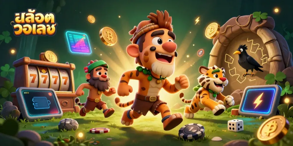 Engage with สล็อตวอเลท in a vibrant digital casino scene featuring unique characters and elements that showcase the gaming excitement.