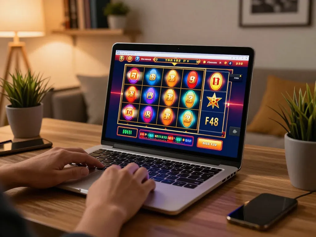 Engaged player exploring tx88 slot games on a laptop in a cozy home setting