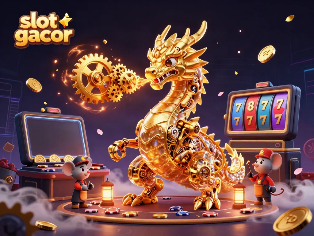 Experience the thrill of slot gacor with a whimsical golden dragon and vibrant casino elements in a lively scene.