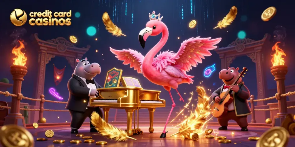 Experience thrilling moments at credit card casinos with vibrant characters and dynamic elements.