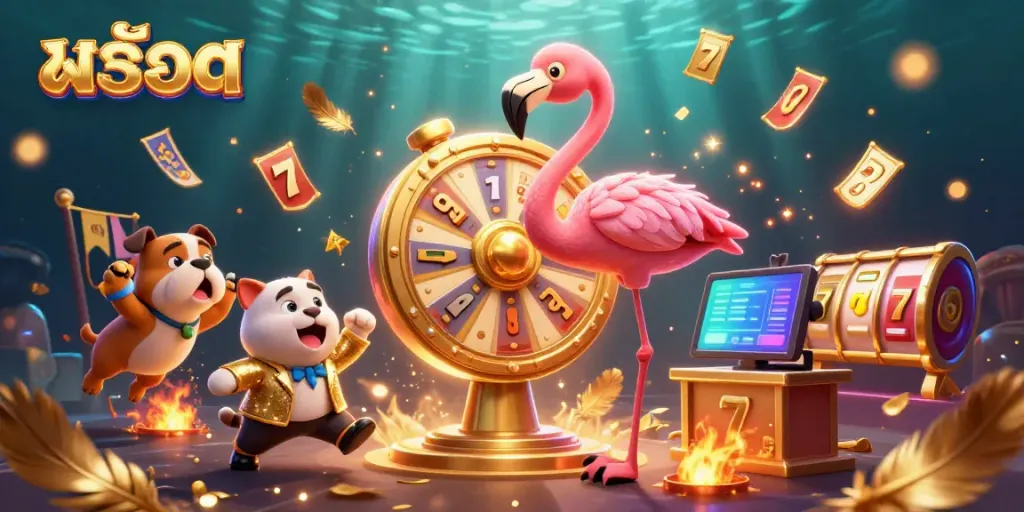 Engaging 3D illustration of a playful game show scene featuring the keyword สล็อต, with characters celebrating around a vibrant casino theme.
