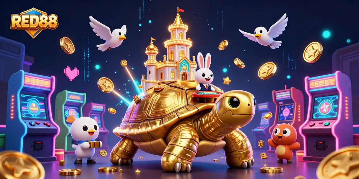 Experience big wins with RED88 in an engaging casino-themed 3D illustration featuring vibrant game elements.