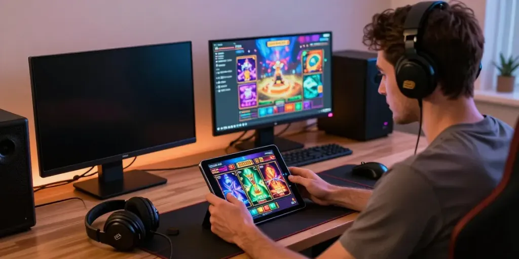 Pengguna judi pragmatik online menikmati permainan slot dengan grafik berwarna-warni di tablet.
