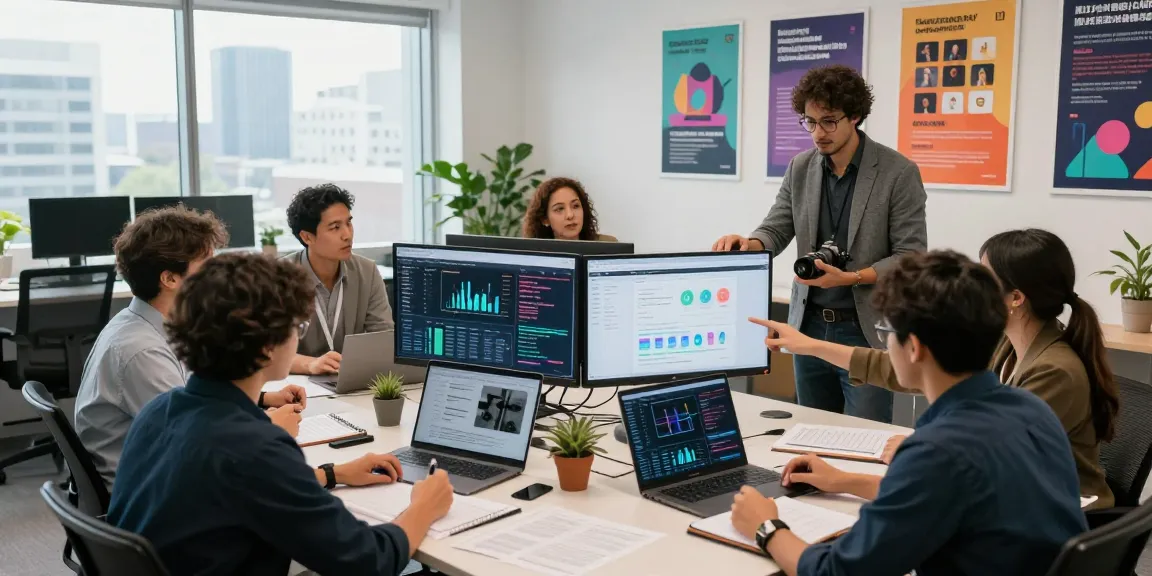 Team discussing NSFW content trends in a modern office setting with vibrant decor and collaborative energy.
