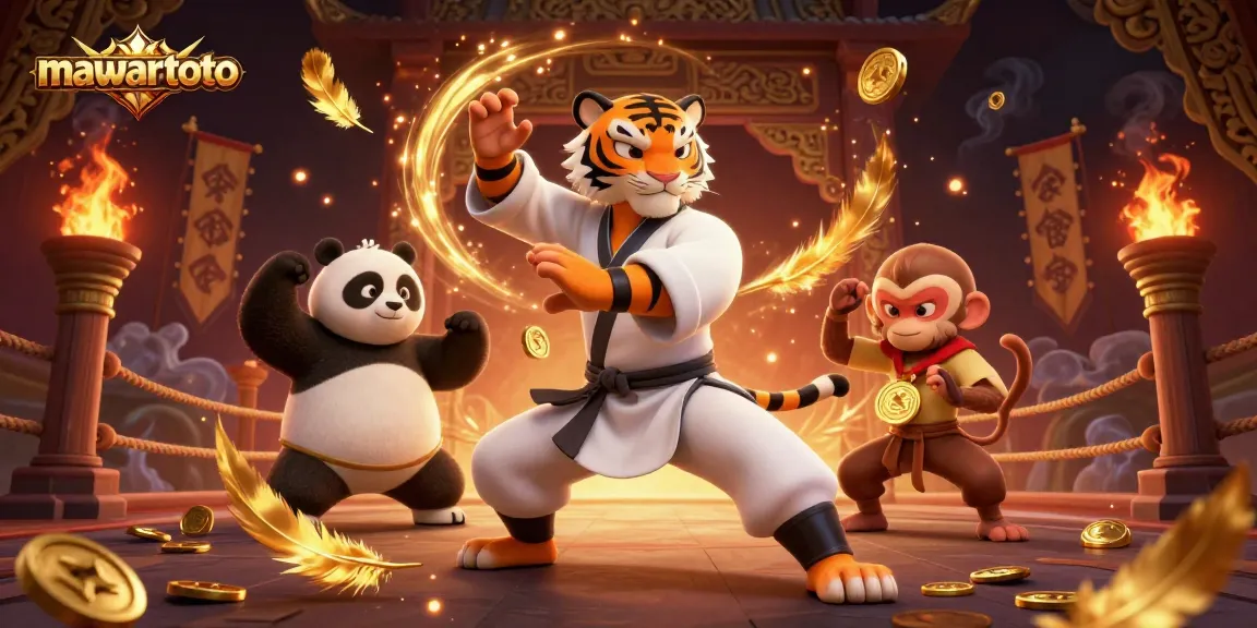 Experience thrilling wins with mawartoto in a vibrant scene featuring a kung fu tiger and panda.