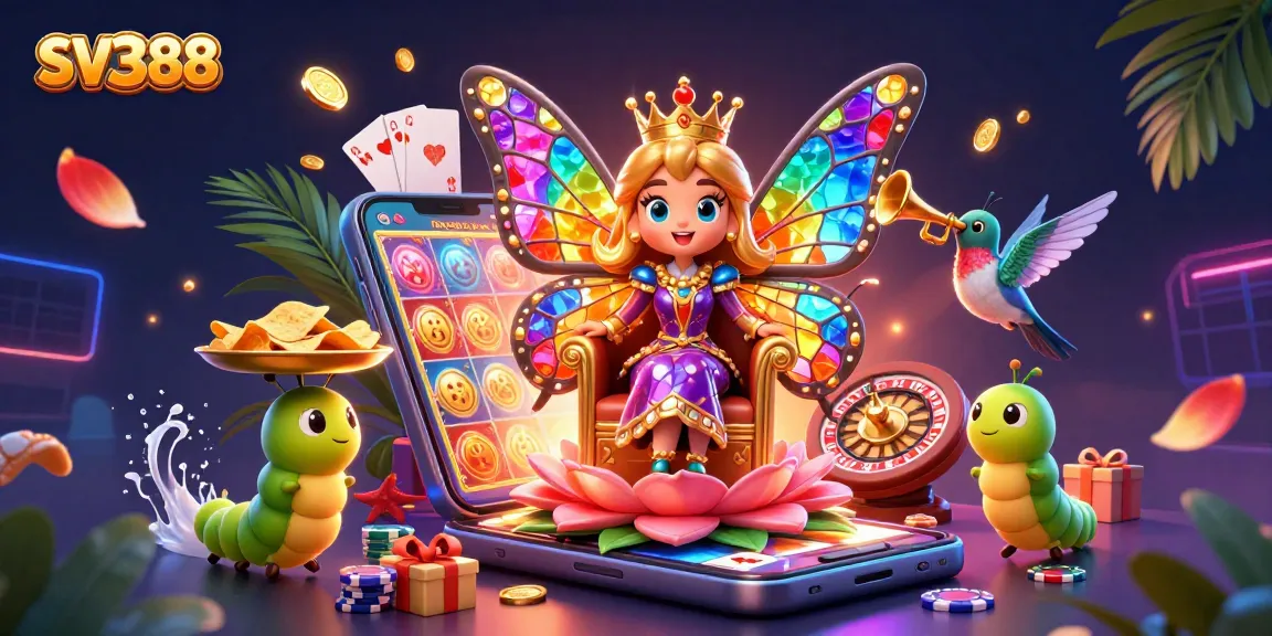 Experience the excitement of SV388 with vibrant casino elements and a magical butterfly queen.