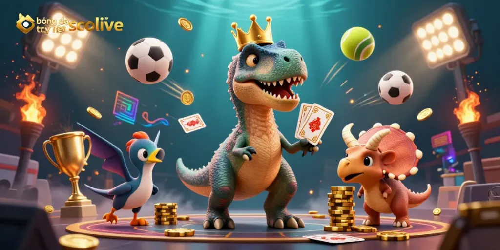 Experience bóng đá trực tuyến socolive with vibrant T-Rex and chip-stacking triceratops in a dynamic gambling scene