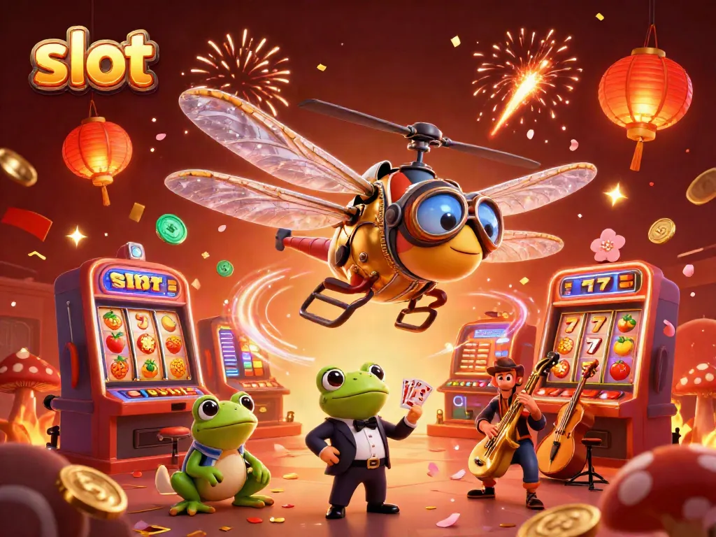 Mainan slot yang meriah dengan karakter kasino di tengah suasana perayaan pada ilustrasi 3D.
