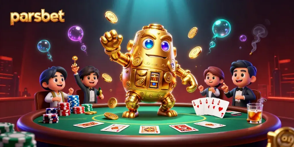 Parsbet'in dinamik sahnesinde, altın madeni devinin etrafında poker masası ve renkli fiş kuleleri ile dolu bir cazibe oluşturuyor.