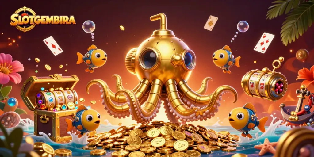 SLOTGEMBIRA showcases a golden kraken submarine amidst an explosion of slot reels and coins, highlighting entertaining gameplay.