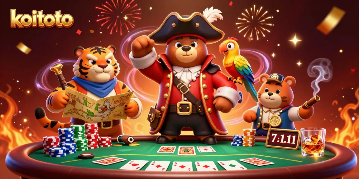 Koitoto: Cartoon pirate captain bear and tiger at a poker table celebrating victory with vibrant confetti.