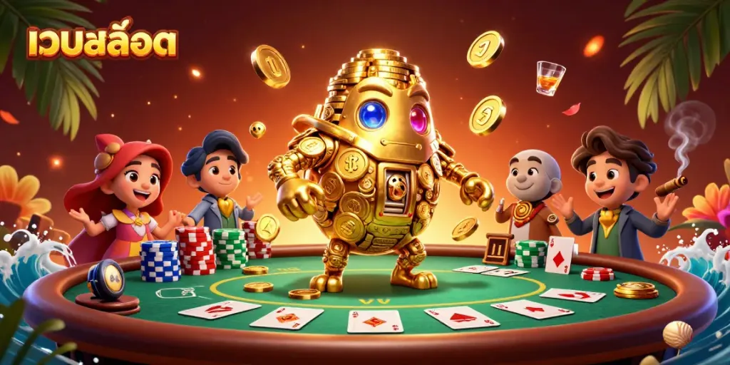 เล่นเกมสล็อตเว็บสล็อตด้วยกองเหรียญทองและสัญลักษณ์ในบรรยากาศคาสิโน