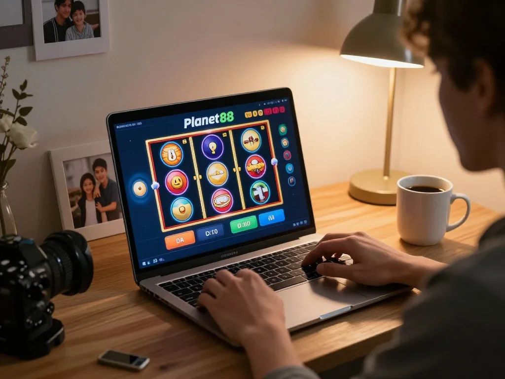 Player enjoying a thrilling gaming session on Planet88, showcasing vibrant graphics on laptop screen.