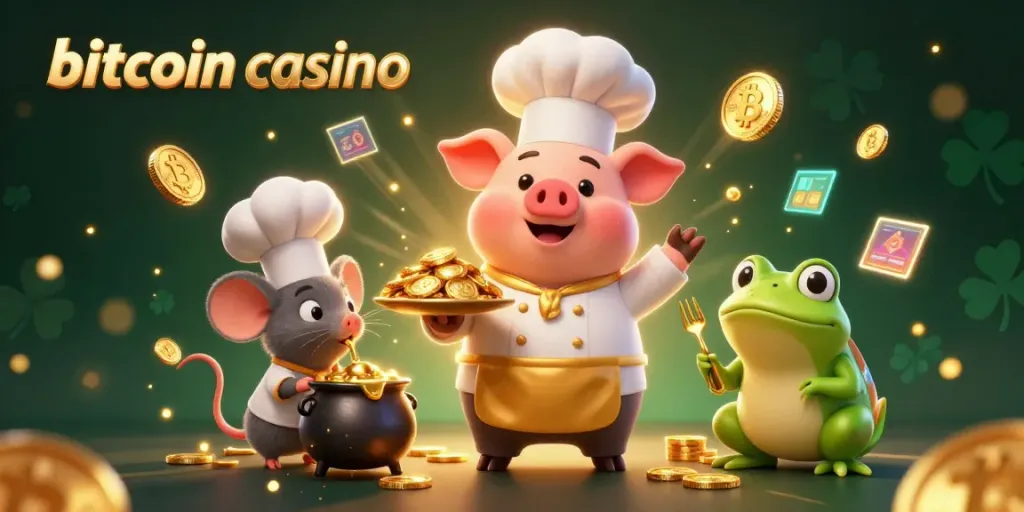 Experience thrilling wins at the bitcoin casino with a vibrant 3D illustration featuring iconic characters and gold elements.