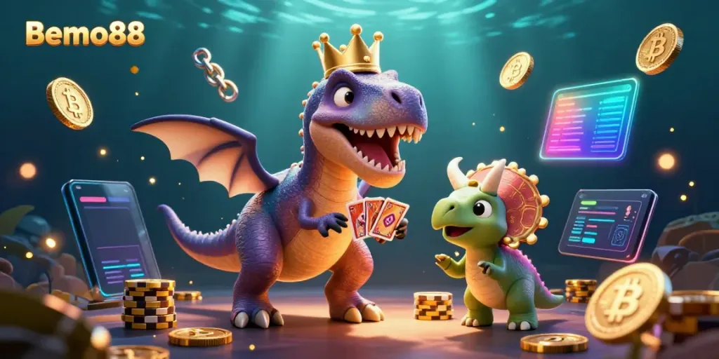 Experience Bemo88 with fun characters like a T-Rex shuffling cards and a dinosaur stacking chips in a vibrant casino scene.