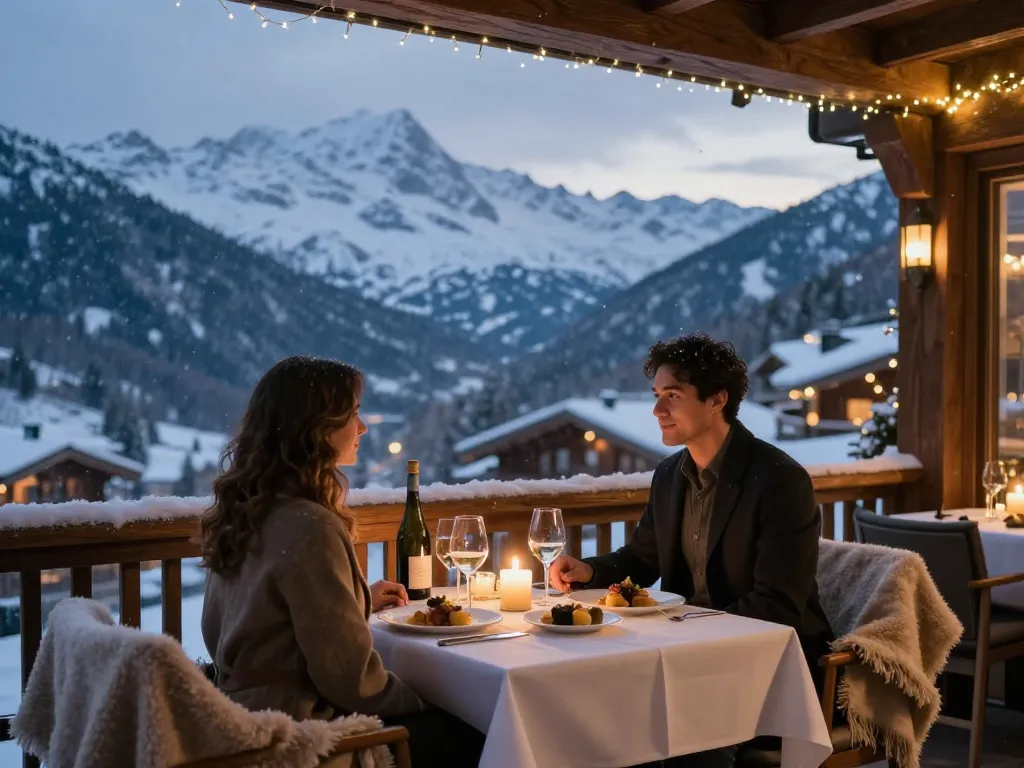 Couple dining at https://www.hotel-restaurant-megeve.com/fr/ terrace with mountain views during a serene winter evening.