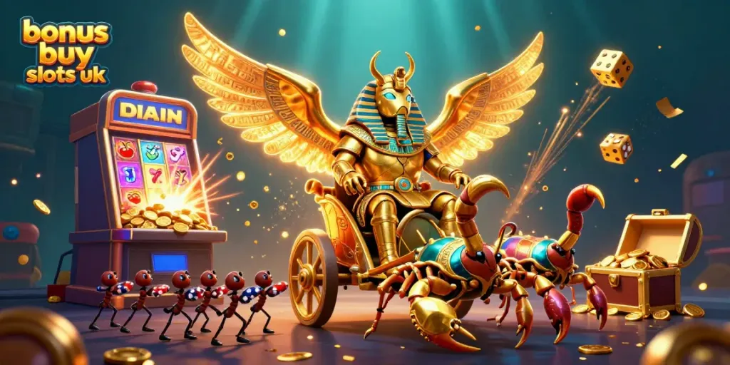 Experience bonus buy slots UK with a vibrant scene showcasing a golden scarab beetle, dynamic slot machine, and gaming action.
