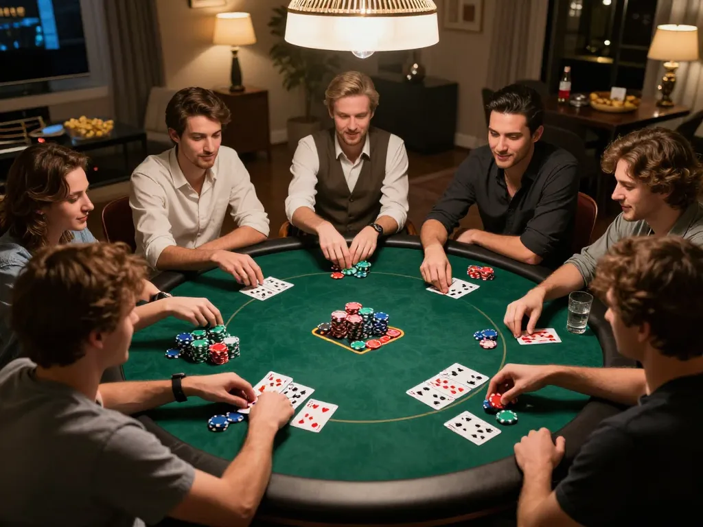 Play friends engaging in an exciting poker night at home, showcasing strategies and fun at MMOO.