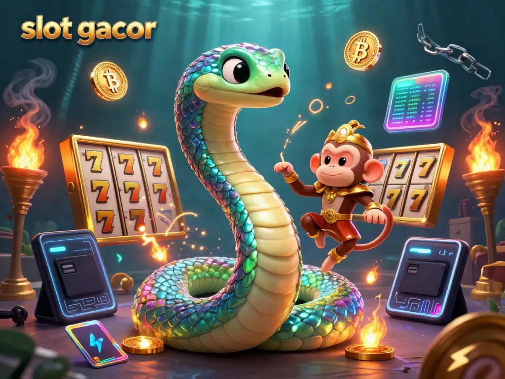 Slot gacor yang menampilkan ular pelangi dan raja monyet dalam ilustrasi kasino yang memukau.