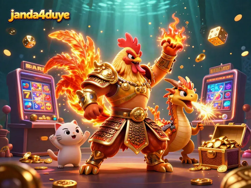 Janda4duye merayakan jackpot dengan ilustrasi kasino 3D berwarna-warni dan karakter yang bersemangat.