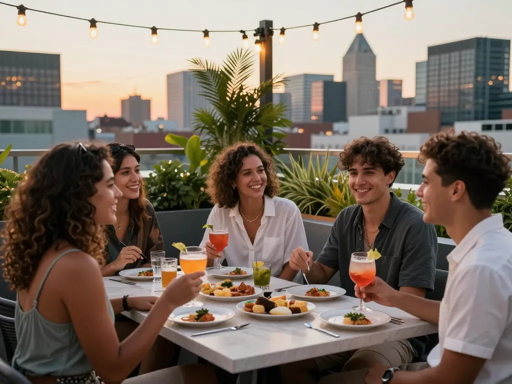 Group of friends socializing at a rooftop gathering featuring five88 brand cocktails and appetizers.
