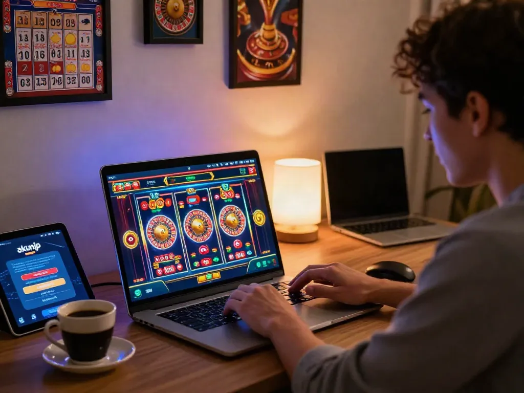 Player enjoying an akunjp gaming session at home with vibrant slot graphics.