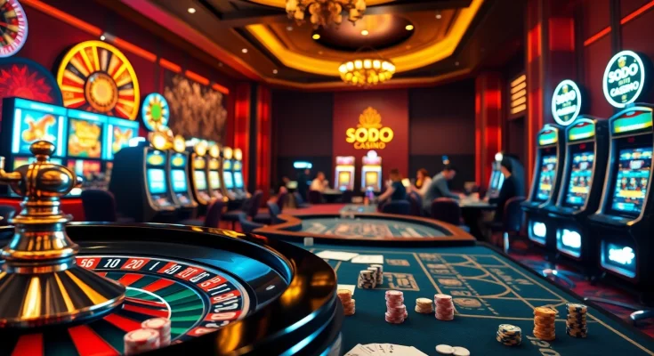SODO CASINO vibrant game scene featuring roulette table, poker players, and flashing slot machines.