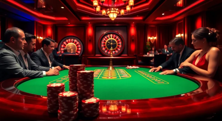 Intense poker game at RR88 casino with professional players and vibrant table setup.