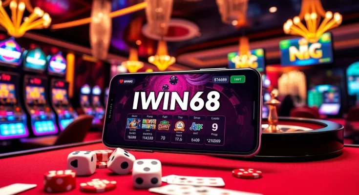 Experience thrilling gaming at IWIN68 with vibrant casino visuals featuring poker chips and slot machines.
