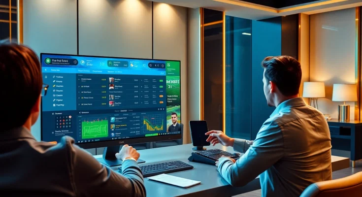 Engaged bettors enjoying แทงบอล on a high-tech online sports betting platform, showcasing live odds and vibrant betting slips.