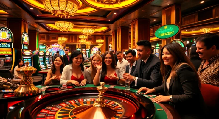 Players celebrating big wins at Juragan77 casino with vibrant slot machines and roulette wheels.