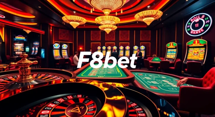 F8bet players enjoying a thrilling casino atmosphere with poker tables and slot machines.