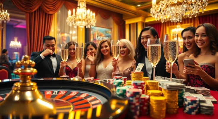 Explosion of a prize-winning lottery celebration at a glamorous casino with vibrant gamblers and luxury decor.