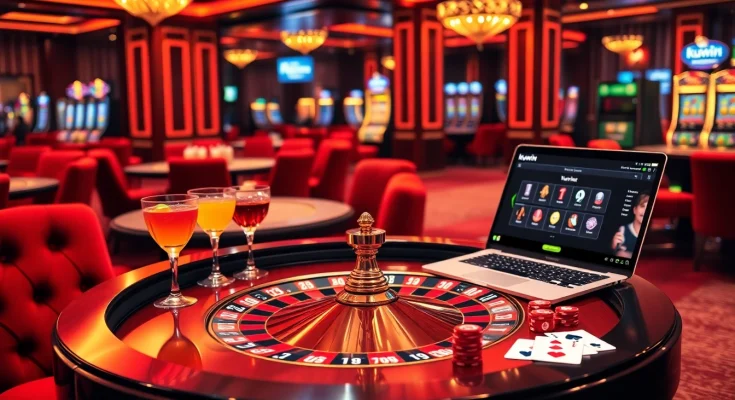 kuwin online casino featuring an elegant roulette table, colorful chips and cards.