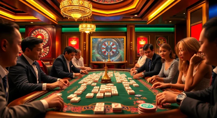 Pemain yang terlibat bersaing dalam permainan Mahjong di meja kasino yang penuh warna, menampilkan kegembiraan.