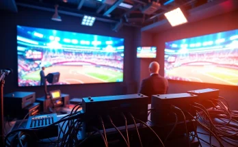 Engaging scene of Sports Broadcasting with hosts presenting live events in a dynamic studio.