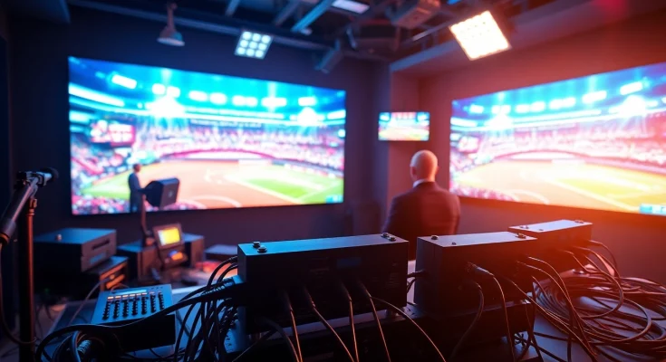 Engaging scene of Sports Broadcasting with hosts presenting live events in a dynamic studio.