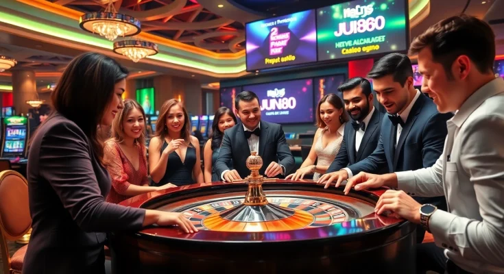 Players enjoying a thrilling roulette session at https://jun88app.app/ casino with vibrant atmosphere.