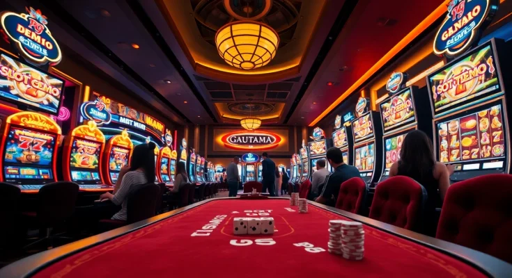 Exciting casino scene showing players enjoying a slot demo experience with vibrant machines.