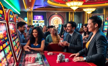 Players enjoying vibrant slot gacor machines at a luxurious casino, celebrating wins with poker chips.
